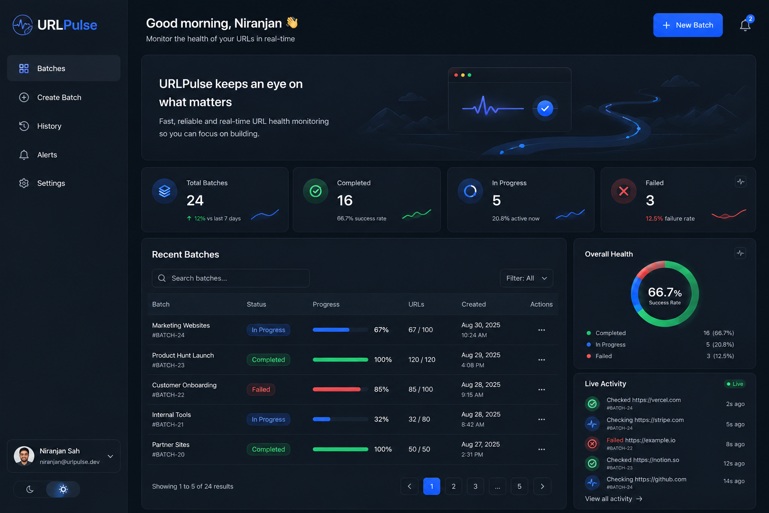 URLPulse dashboard: batches, progress, overall health and live activity
