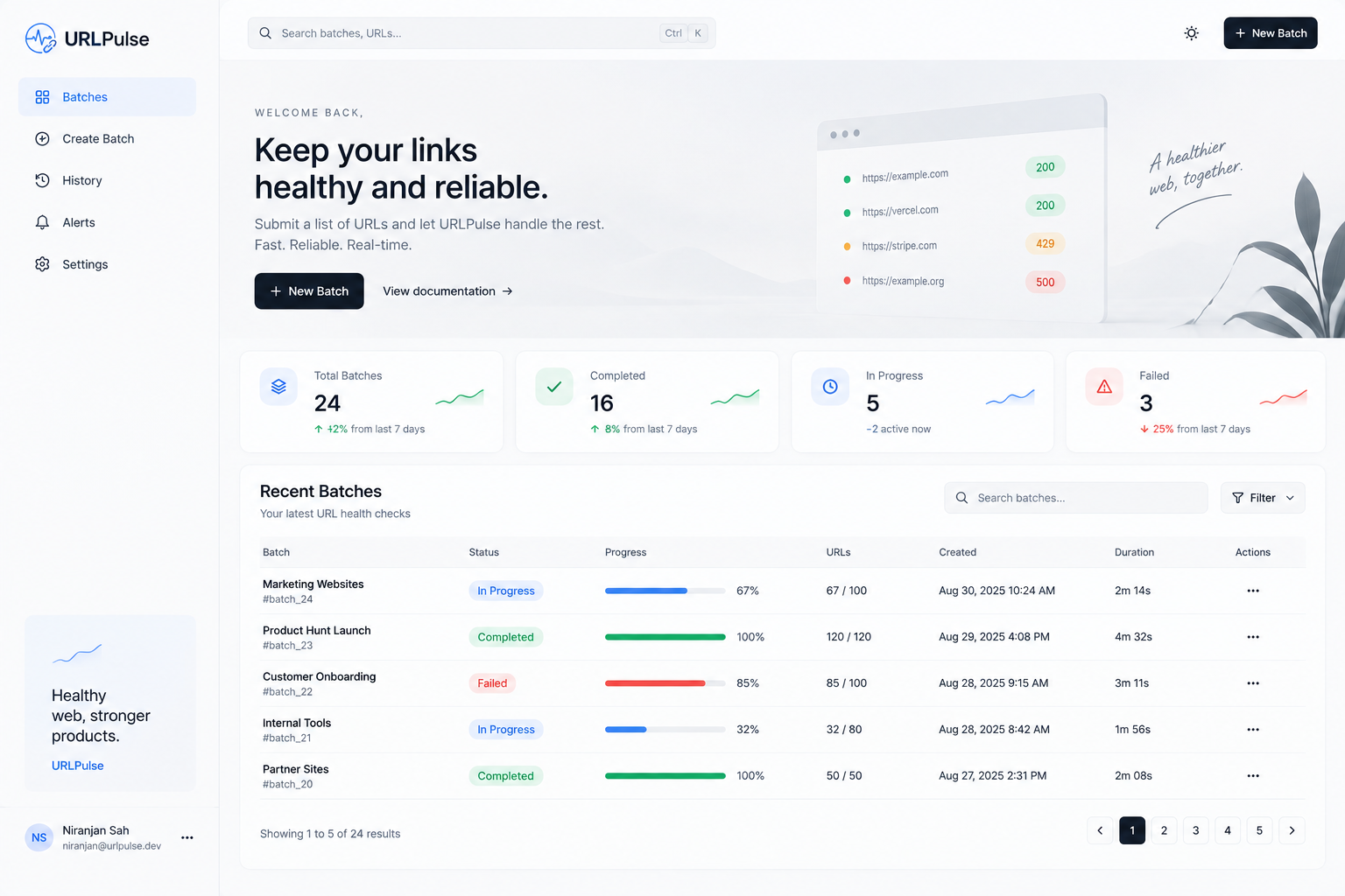URLPulse dashboard: batches, progress, overall health and live activity